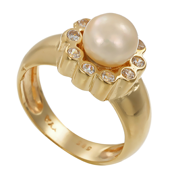 Ring, 14K, Gelbgold, Perle, Zirkonia