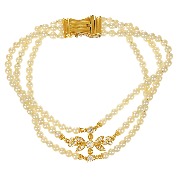 Perlenarmband, 18K, Gelbgold, Brillanten