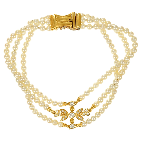 Perlenarmband, 18K, Gelbgold, Brillanten
