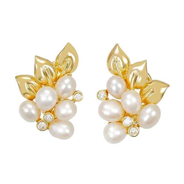Clipstecker, 14K, Gelbgold, Perlen, Brillanten