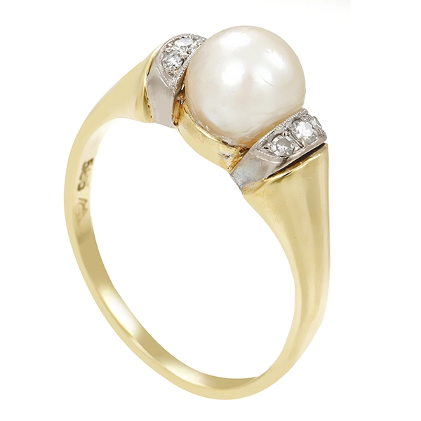 Ring, 14K, Gelb-/Weißgold, Perle, Diamanten