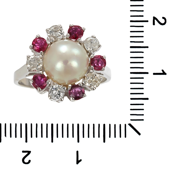 Ring, 14K, Weißgold, Perle, Brillanten, Rubine