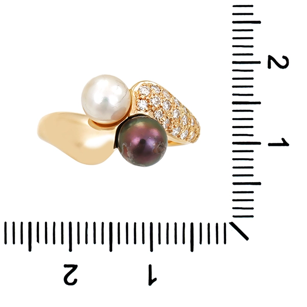 Ring, 14K, Gelbgold, Perlen, Diamanten 0,21 ct