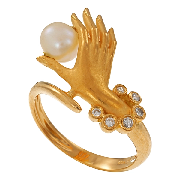 Ring, 18K, Gelbgold, Perle, Brillanten, Hand