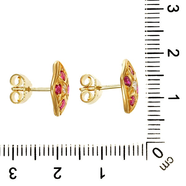 Ohrstecker, 14K, Gelbgold, Rubine, Brillanten