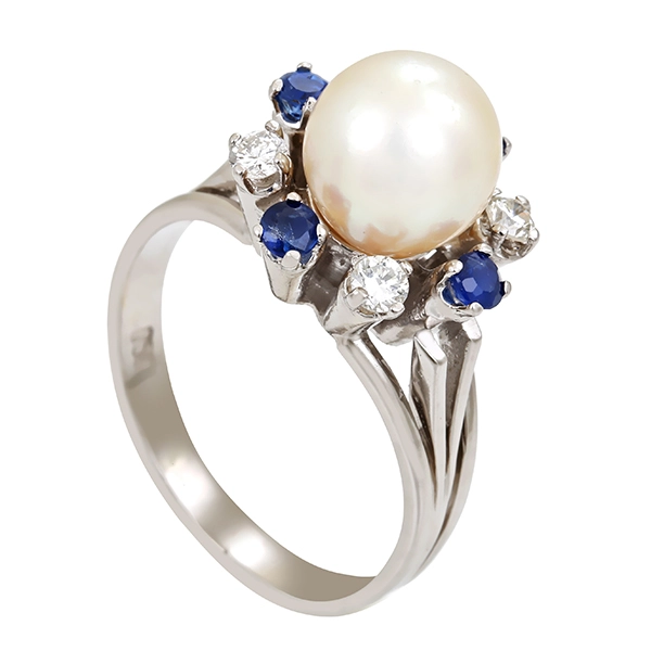 Ring, 18K, Weißgold, Perle, Saphir, Brillanten
