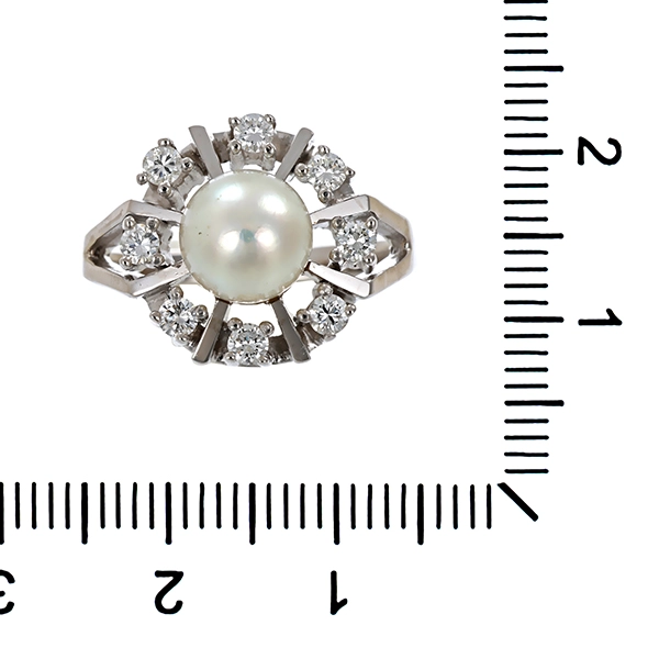Ring, 14K, Weißgold, Perle, Brillanten 0,40 ct