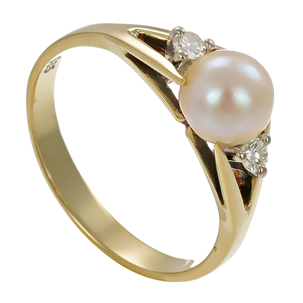Brillantring, 14K, Gelbgold, 1 zuchtperle, , 2 Brillanten