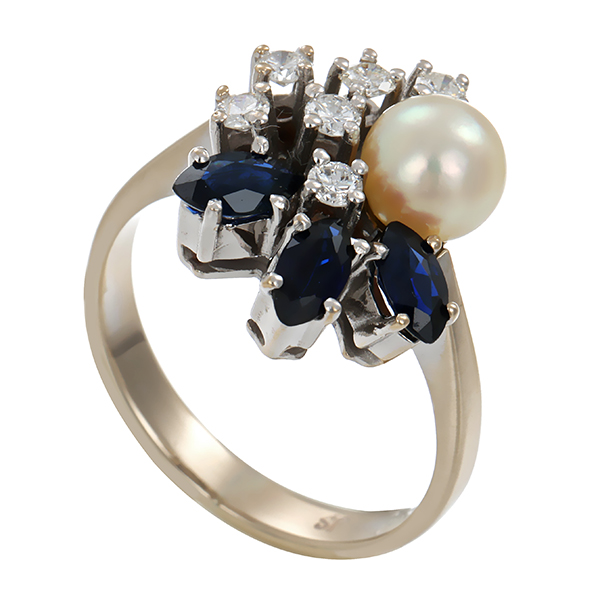 Ring, 14K, Weißgold, Perle, Saphire, Brillanten