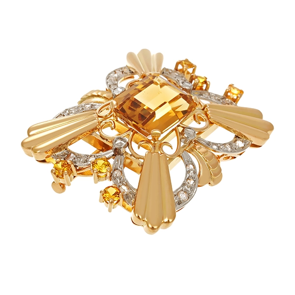 Brosche, 18K, Gelbgold, Citrin, Diamantrosen, Antikstil