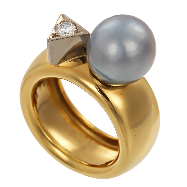 Ring, 18K, Gelbgold, Perle, Brillant 0,20 ct