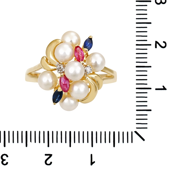 Ring, 14K, Gelbgold, Perlen, Rubine, Saphire, Brillanten