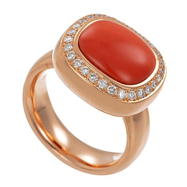Ring, 18K, Rotgold, Koralle, Brillanten 0,33 ct