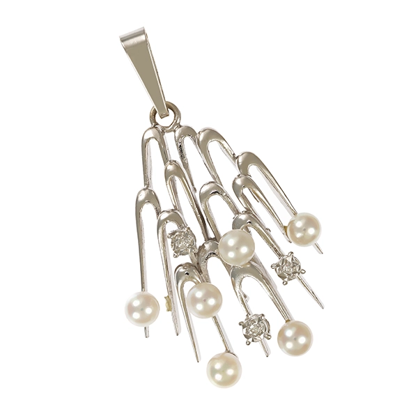 Anhänger, 14K, Weißgold, Diamanten, Perlen