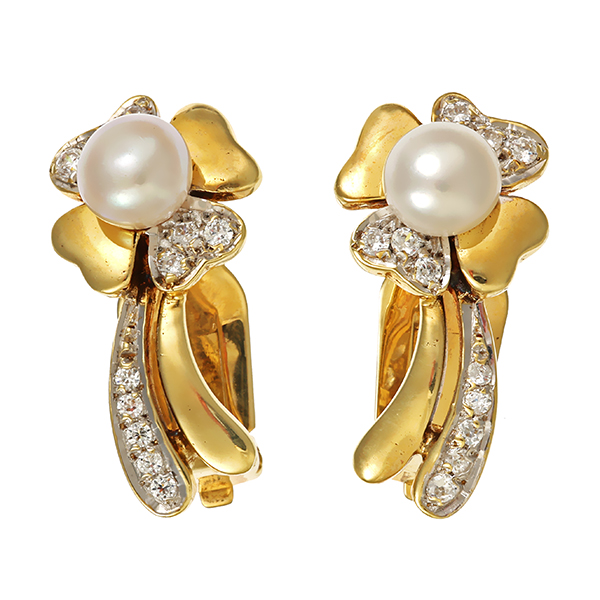 Clip-Stecker, 14K, Gelb-/Weißgold, Zirkonia, Perlen