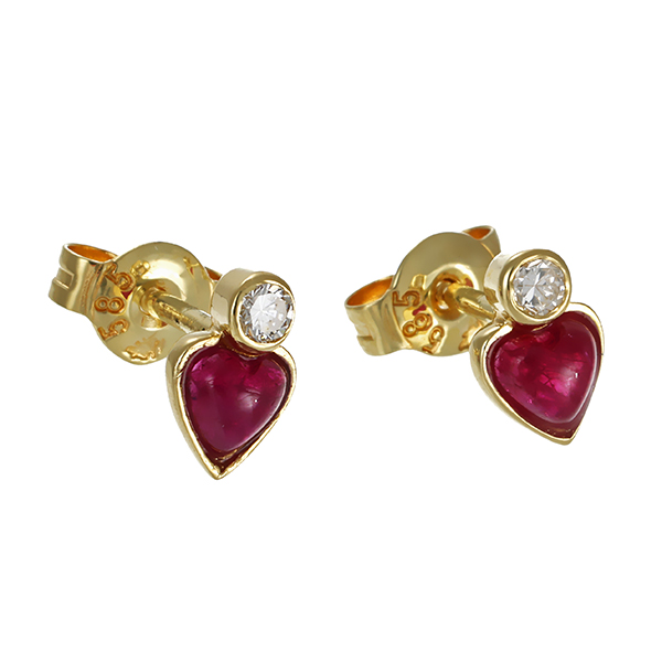 Ohrstecker, 14K, Gelbgold, Rubine Brillanten, Herz