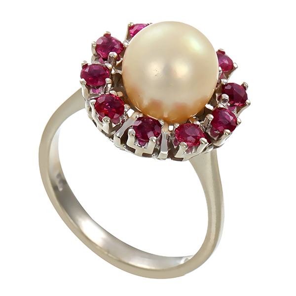 Ring, 14K, Weißgold, Rubin, Perle