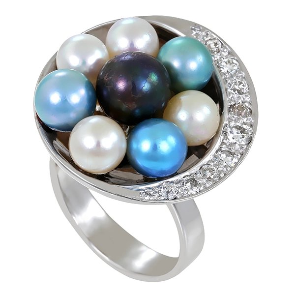 Ring, 18K, Weißgold, Perlen, Diamanten 0,30 ct