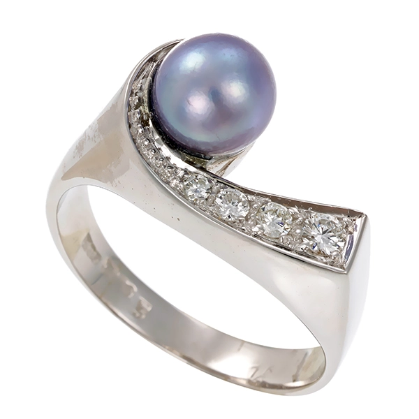 Ring, 14K, Weißgold, Brillant, Perle