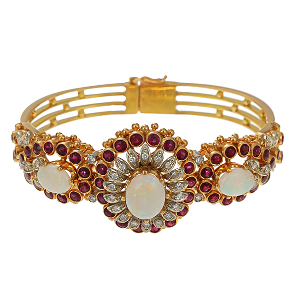 Armreif, 18K, Gelb-/Weißgold, Opale, Diamanten, Rubine