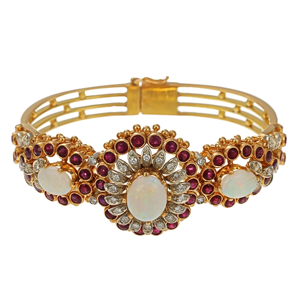 Armreif, 18K, Gelb-/Weißgold, Opale, Diamanten, Rubine