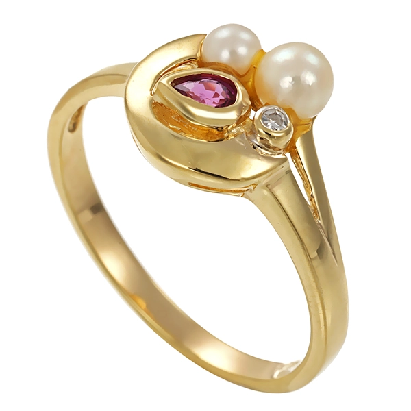 Ring, 8K, Gelbgold, Rubin, Perlen, Diamant