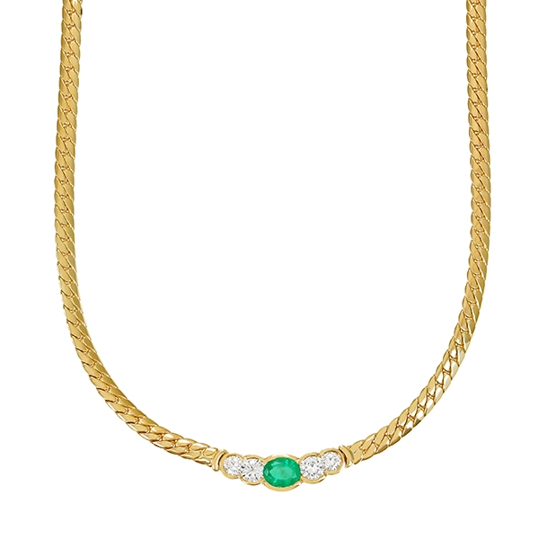 Collier, 18K, Gelbgold, Smaragd, Brillanten