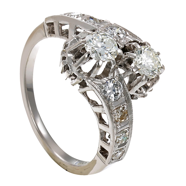 Ring, 14K, Weißgold, 2 Brill 0,60ct, 2 Brillanten 0,16ct, 6 Diamanten