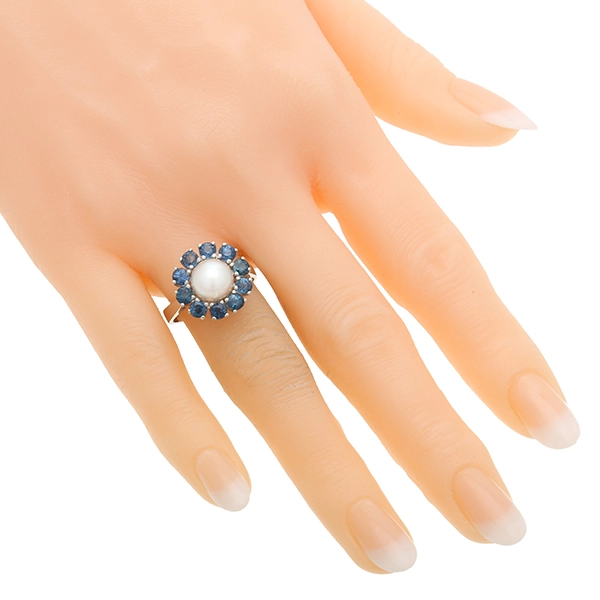 Ring, 18K, Weißgold, Perlen, Saphire