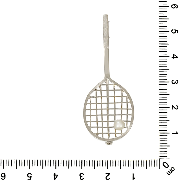 Brosche,14K, Weißgold, Perle, Tennisschläger