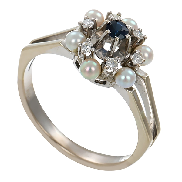 Ring, 14K, Weißgold, Diamanten, Saphir, Perlen