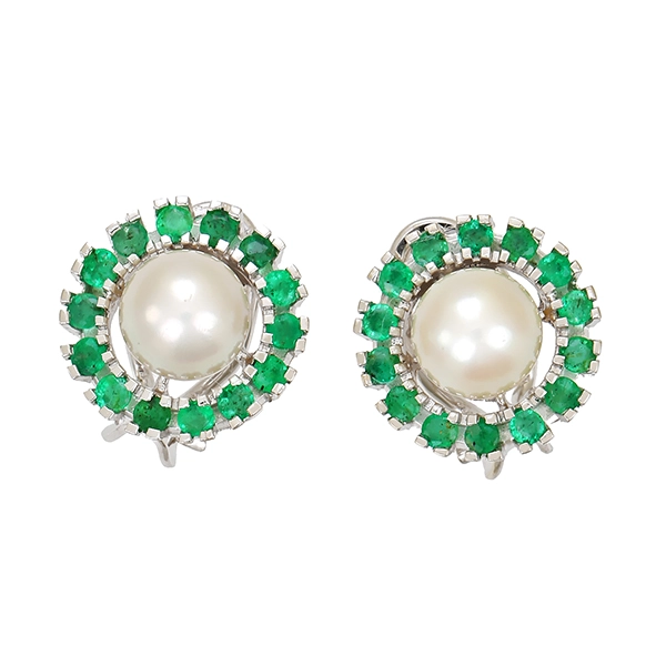 Ohrclipse, 14K, Weißgold, Perlen, Smaragde