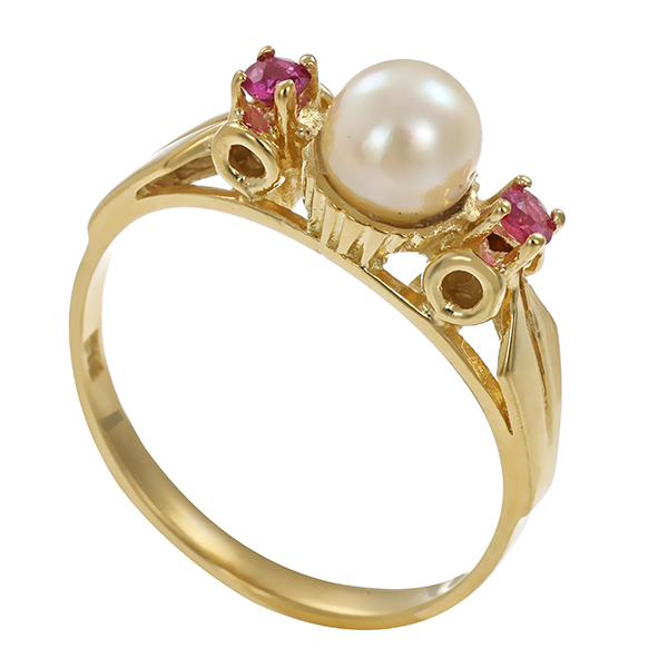 Ring, 14K, Gelbgold, Perle, Rubine