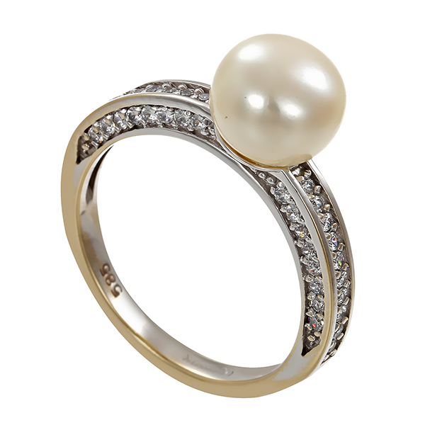 Ring, 14K, Weißgold, Zuchtperle, Zirkonia 