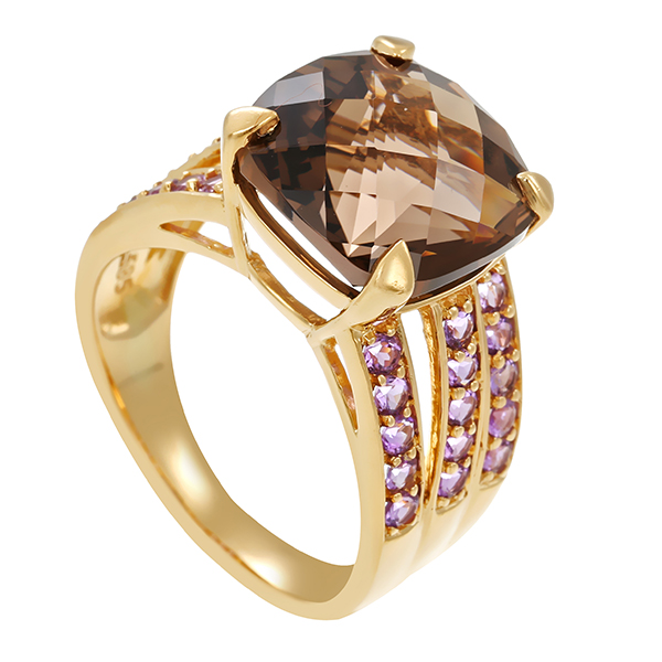 Ring, 14K, Gelbgold, Rauchquarz, Amethyst