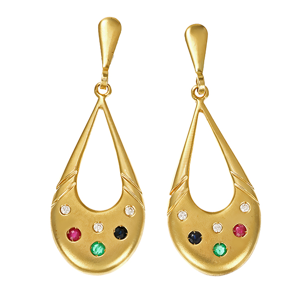 Ohrringe, 14K, Gelbgold, Rubin, Saphir, Smaragd, Zirkonia