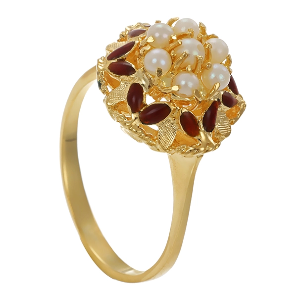 Ring, 18K, Gelbgold, Perlen, Emaille