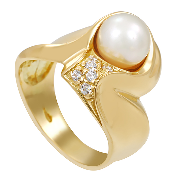 Ring, 18K, Gelbgold, Zuchtperle, Zirkonia