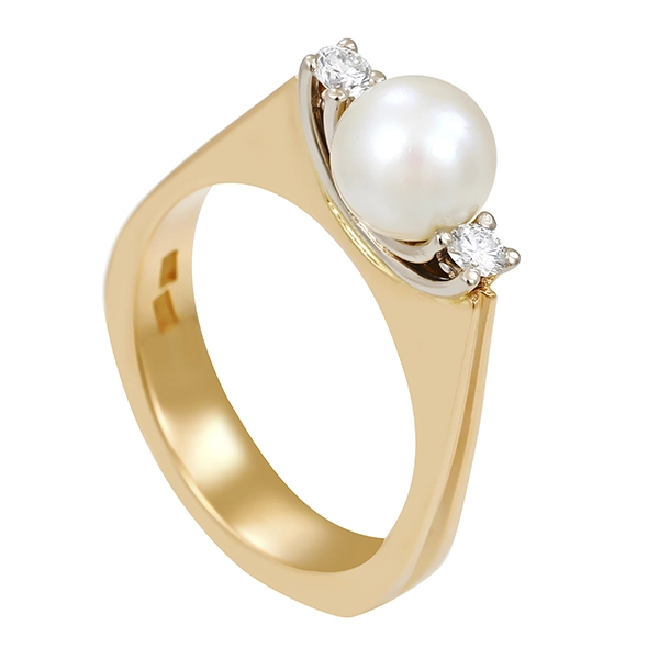 Ring, 18K, Gelb-/Weißgold, Perle, Brillanten