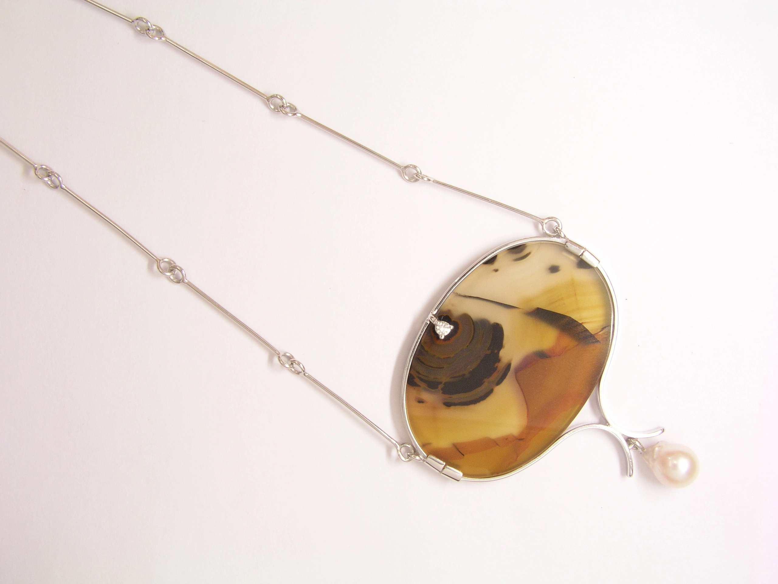 Collier, 18K, Weißgold, Achat, Brillant