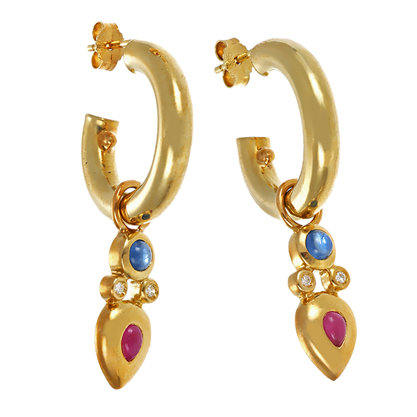 Steckcreolen, 14K, Gelbgold, Rubin, Saphir, Brillant