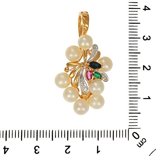 Anhänger, 14K, Gelb-/Weißgold, Perle, Rubin, Smaragd