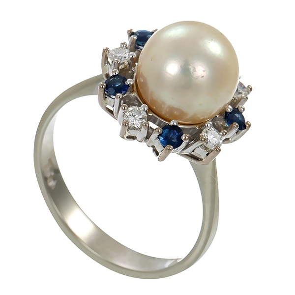 Ring, 18K, Weißgold, Perle, Saphire, Brillanten