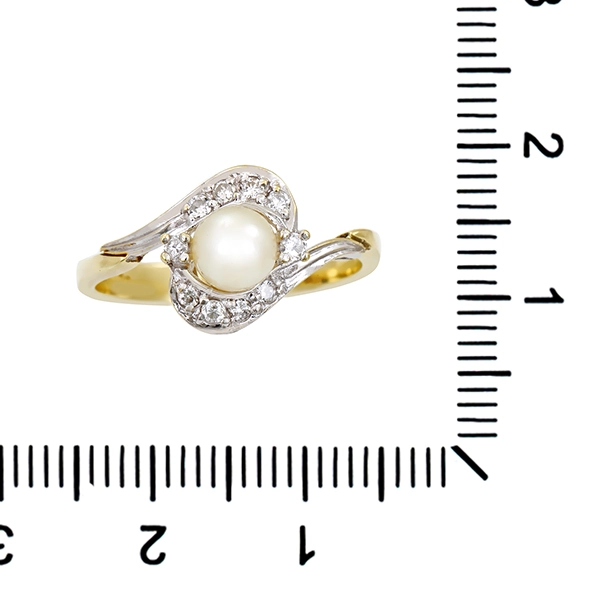 Ring, 14K, Gelb-/Weißgold, Perle, Brillanten 0,12 ct