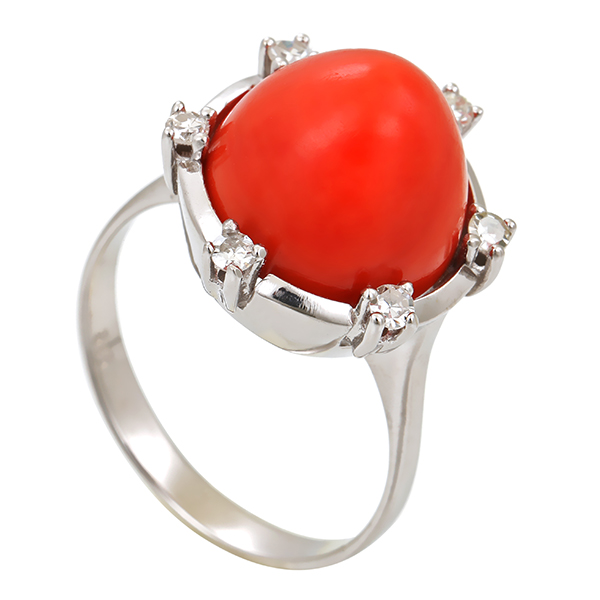 Ring, 14K, Weißgold, Diamanten, Koralle