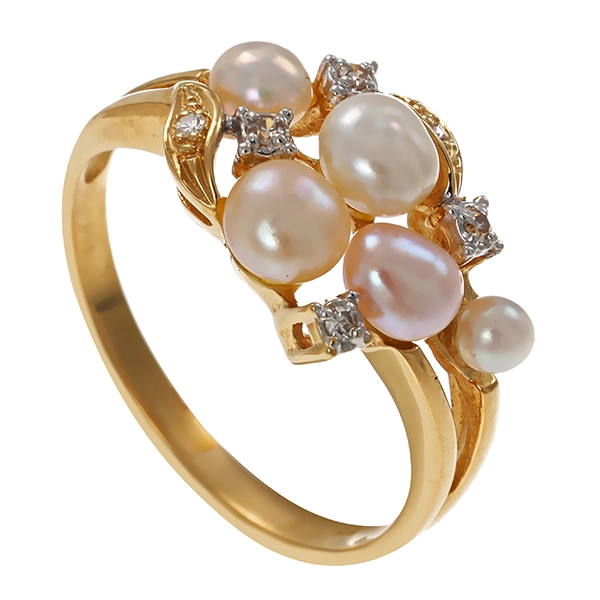 Ring, 14K, Gelbgold, Perlen, Diamanten