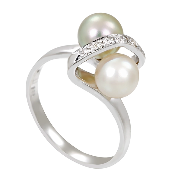 Ring, 14K, Weißgold, Perlen, Diamanten