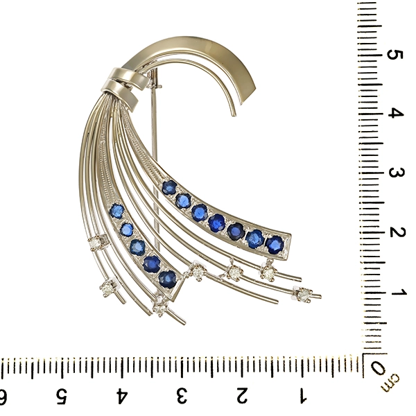 Brosche, 14K, Weißgold, Saphire, Brillanten