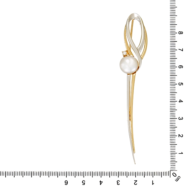 Brosche, 14K, Gelb-/Weißgold, Zuchtperle, Brillant