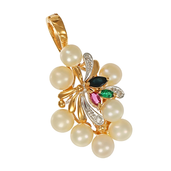 Anhänger, 14K, Gelb-/Weißgold, Perle, Rubin, Smaragd